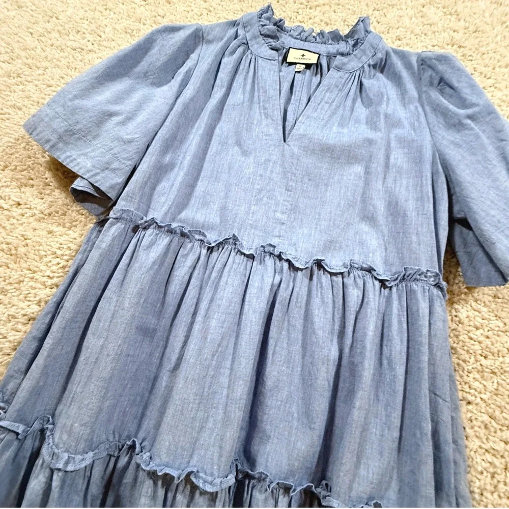 Tuckernuck Crawford Blue Cotton Linen Tiered Mini Dress S Chambray Coastal Prep - Picture 5 of 6